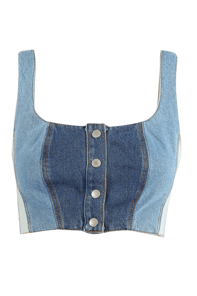 Cropped Patch Denim Botões Azul Farm - AZUL