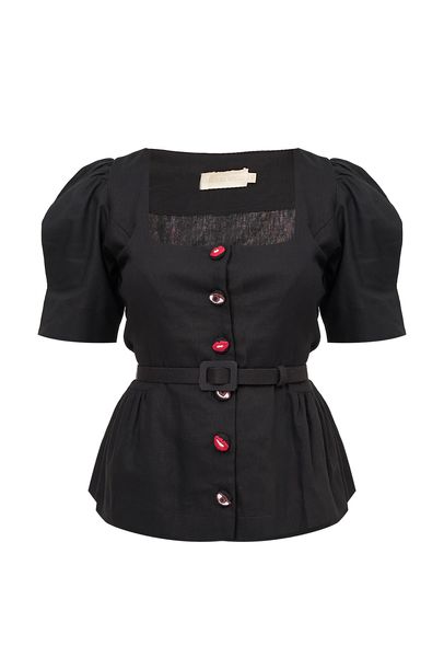 Blusa Cinto Botão Bordado Valônia Véras - PRETO