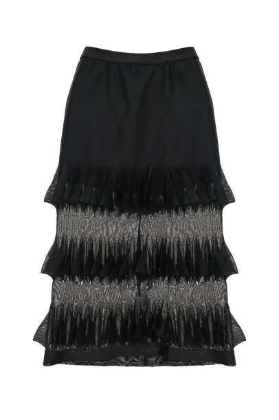 Saia Midi Tricot Babado Coven - PRETO